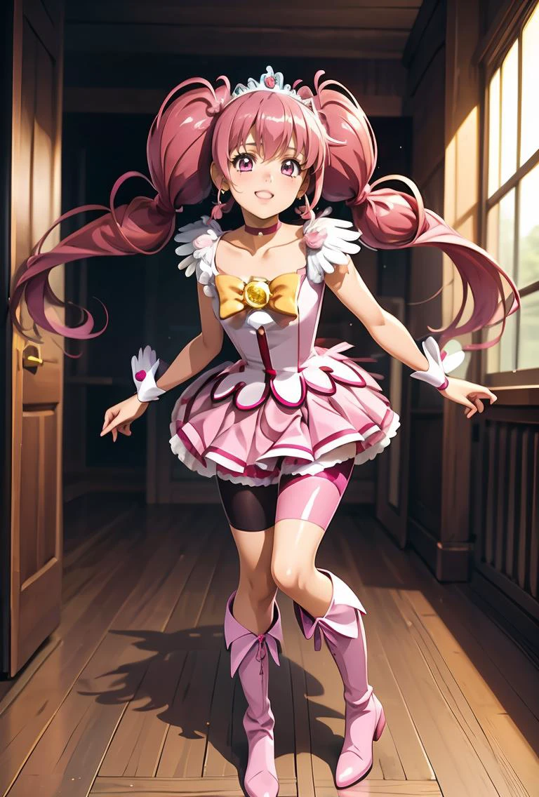 (Obra de arte, melhor qualidade), 1 garota,  feliz_a, longos cabelos ruivos, olhos rosa, longas caudas gêmeas, twintails baixos, , enfeite de cabelo de pena, tiara, gargantilha rosa, cure feliz costume,  shorts rosa under skirt, shorts rosa, botas,