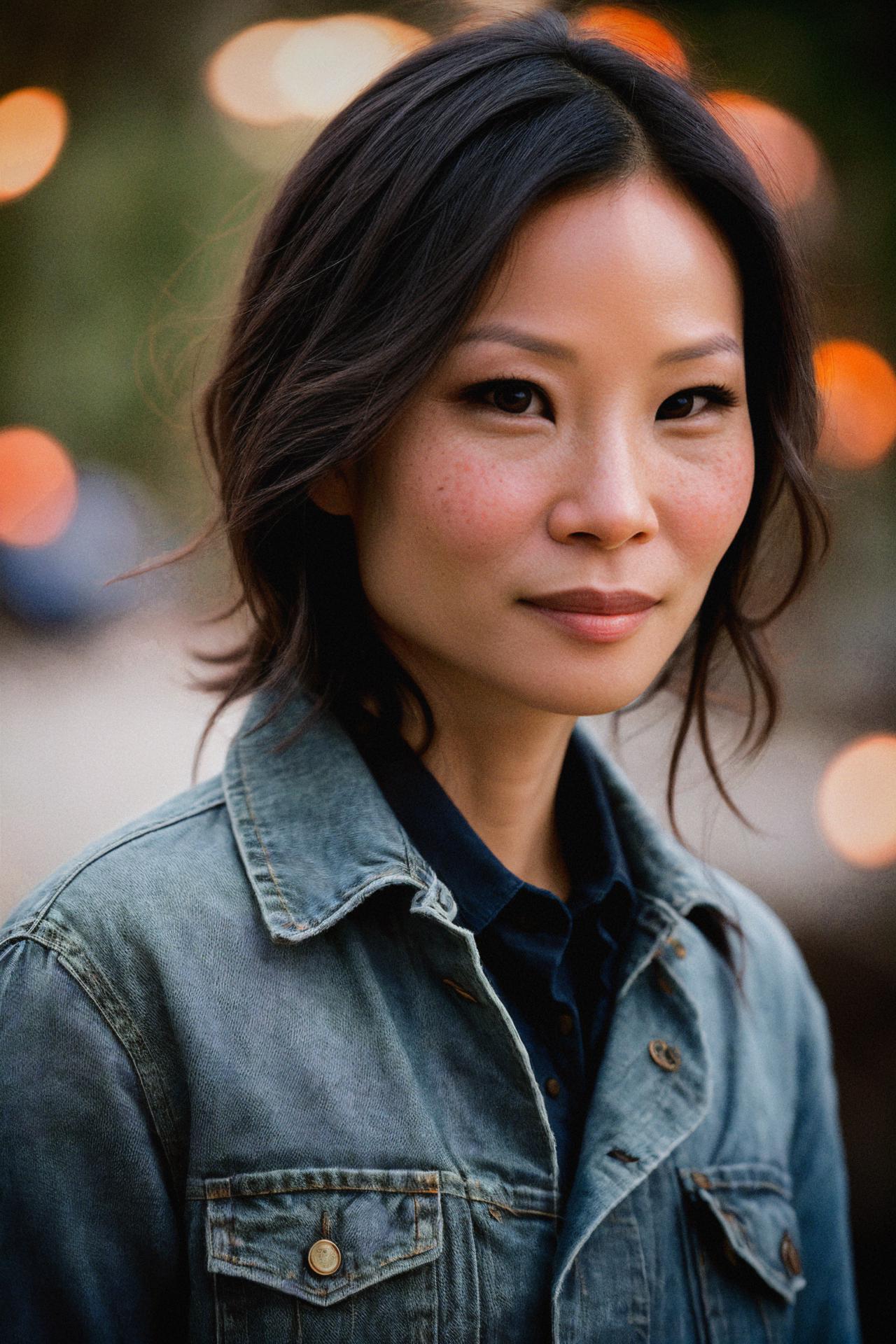 A close up of a woman with a denim jacket on - SeaArt AI