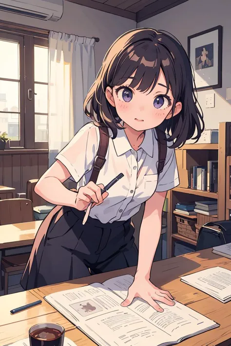 anime girl in school uniform writing on a piece of paper