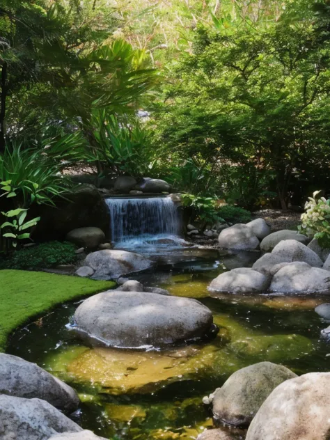 there is a small waterfall in the middle of a garden