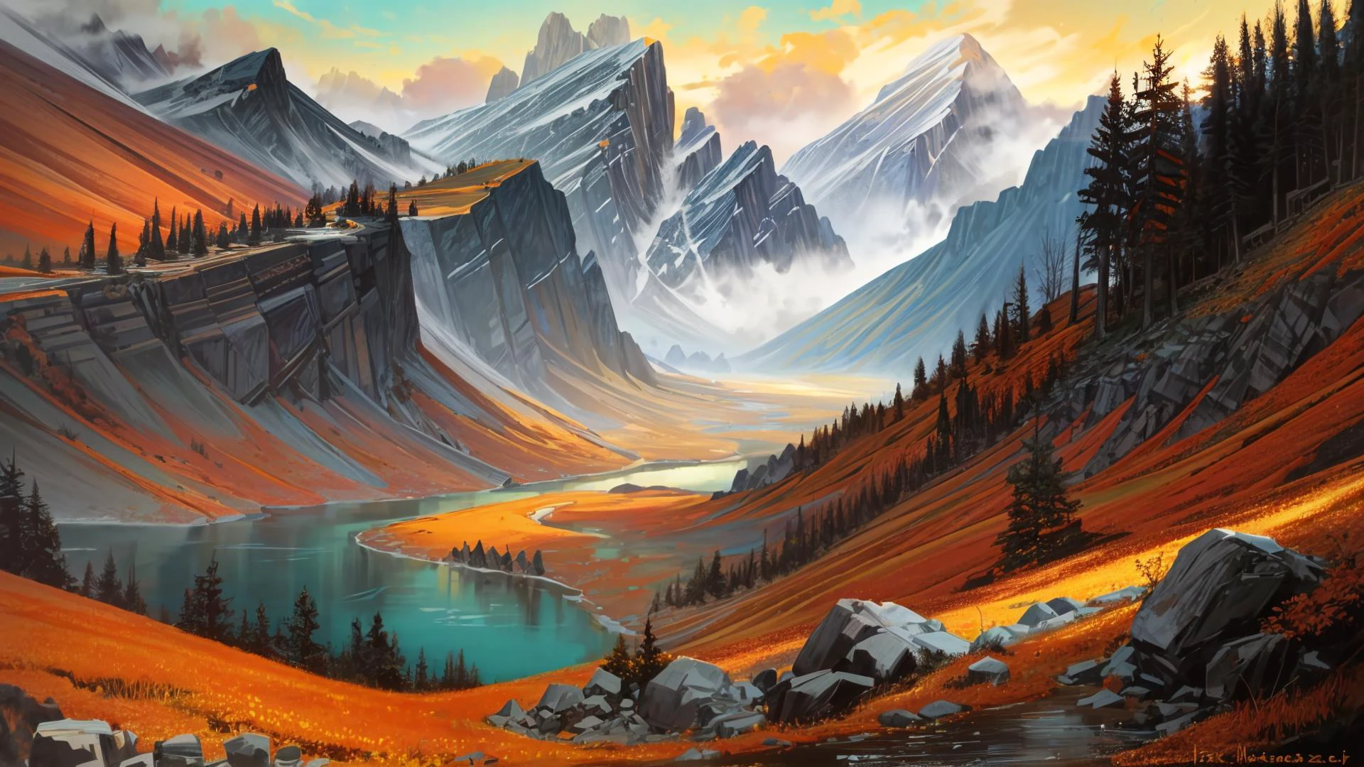 excelente pintura a óleo de uma paisagem montanhosa no outono,cores vibrantes,estilo poderoso com dramatismo épico,pequena aldeia,jovens passantes e vacas,Rio e lago, castelo escuro do vampiro no pico da montanha, melhor qualidade,qualidade máxima,Detalhes intrincados,ultrashrp,ambiente de oclusão,sombras realistas,arte de Bastien Lecouffe Deharme,8K,arte a óleo,