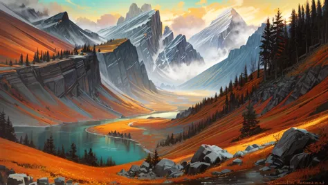 excellent oil painting of a mountain landscape in autumn,vibrant colors,powerfull style with epic dramatism,small willage,young passants and cows,river and lake, dark vampire castle in mountian peak, best quality,maximum quality,intricate details,ultrasahrp,ambient oclusion,realistic shadows,art by Bastien Lecouffe Deharme,8k,oil art,<lora:add_detail:1> <lora:royta v1.1:0.4>,