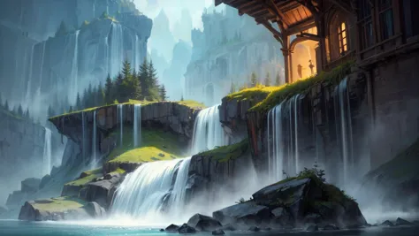 excellent oil painting of a Gravity-defying Waterfalls: Waterfalls that flow upwards, defying gravity, in a surreal and mesmeriz...