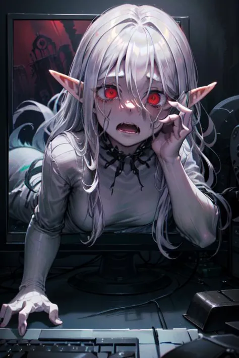 (best quality:1.2) (4k:1.) (highres:1.1) , (realistic photograph:1.1) , (ultra detailed CG:1.1) ,
1girl elf ,  solo , (detailed face:1) , (small breasts:1) , (silver wavy absurd long hair:1.) , horror , ghost , supernatural , pale skin , (through screen:1) , (stuck:1) , (monitor:1) , (upped body:1) , expressionless , white long dress , night view , hair over eyes , keyboard \(computer\) , 