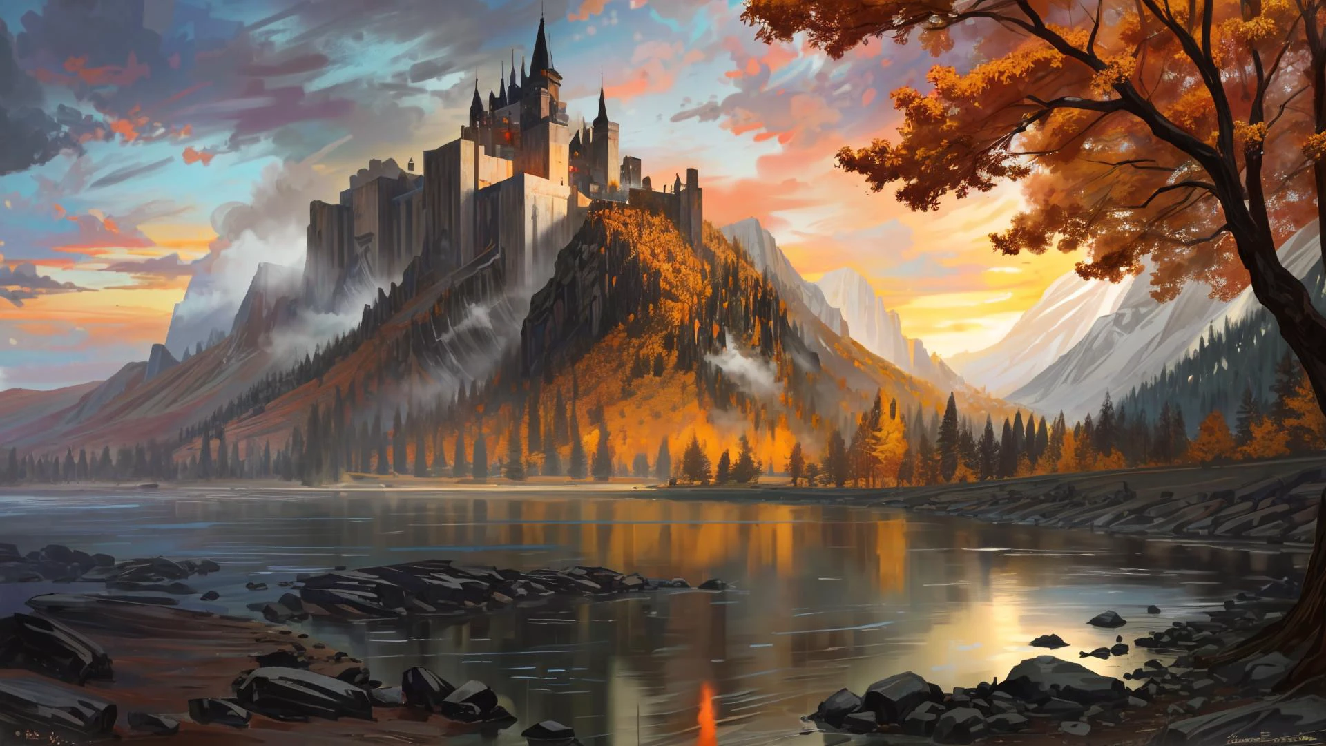 excelente pintura al óleo de un paisaje de montaña en otoño,colores vibrantes,Estilo poderoso con dramatismo épico,Pequeño willage,Pasantes jóvenes y vacas.,río y lago, dark vampire castle in mountian peak, mejor calidad,máxima calidad,detalles intrincados,ultrasahrp,ambient oclusion,sombras realistas,arte de Bastien Lecouffe Deharme,8k,arte al óleo,