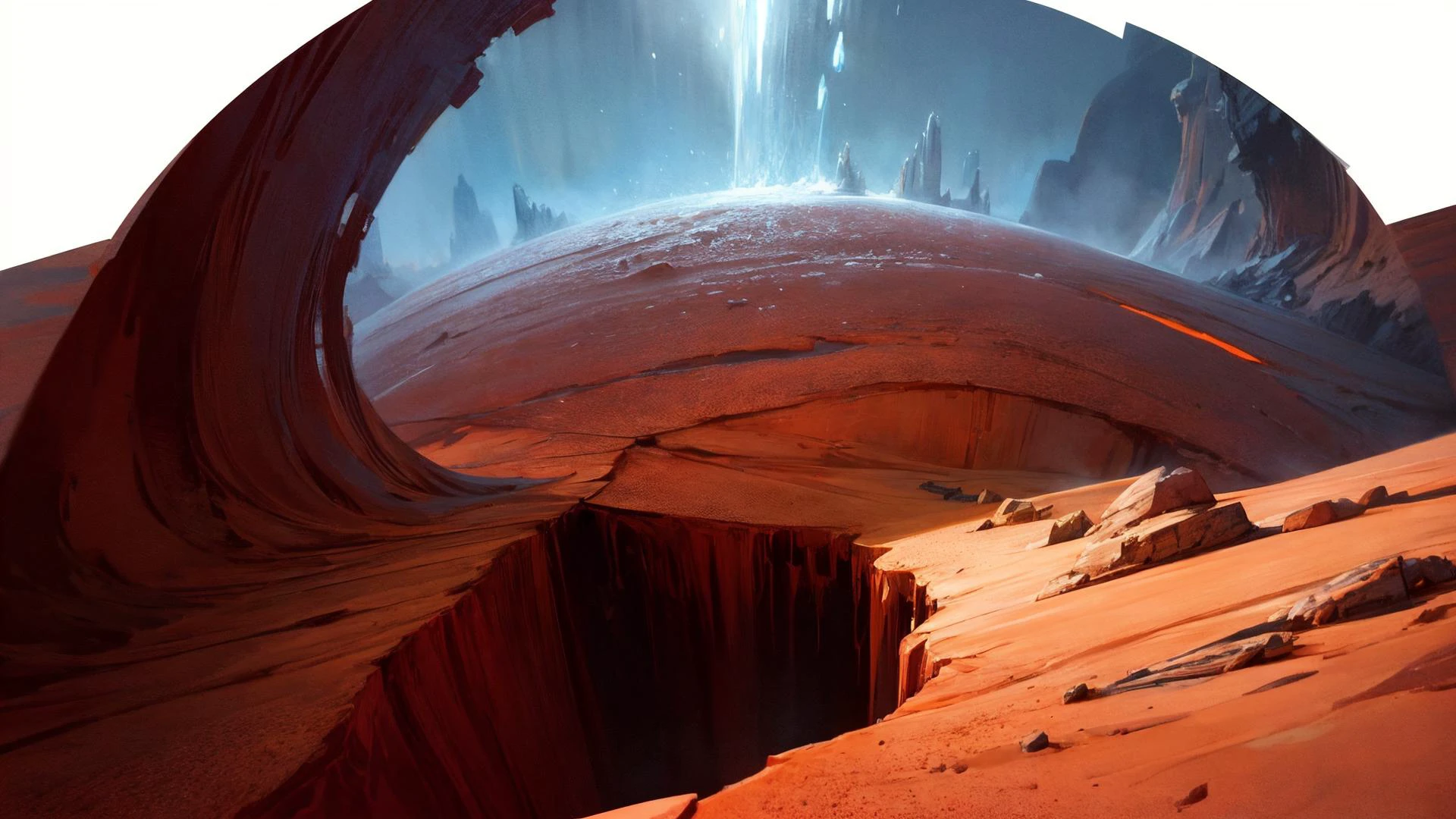 火星冰峡谷的精美油画: 火星上的深峡谷, 冰层和红色尘埃形成鲜明对比., 鲜艳的色彩, 强劲的风格和史诗般的戏剧性, , 最好的质量, 最高质量, 复杂的细节, 超滤膜, 遮挡环境, 逼真的阴影, Bastien Lecouffe Deharme 的艺术作品, 8千, 油画艺术, 8千 perfect quality, 书, 景深