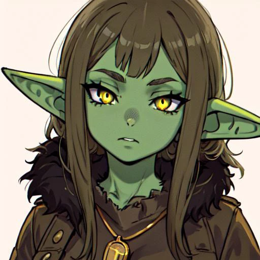 flick, goblin, Original Character, Volumetric Lighting, Best Shadows, Shallow Depth of Field, Portrait of a goblin girl, grayish green skin, yellowish sclera, black pupil, beautiful face, (long big pointed nose:1.2),( long big pointed ears:1.2), long black hair, coin necklace,
medium breasts,  
brown clothes with fur peeking through, white fur, gold inserts in clothes, 
(Highest Quality, Amazing Details:1.25), (Solo:1.3), Brilliant Colorful Paintings,
 white background,