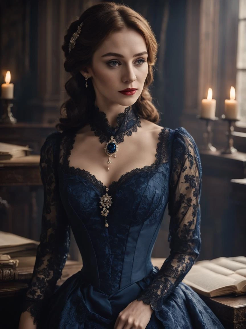cinematic film still beautiful woman, photograph, ((dark blue) victorian dress), library, candlelight, (full body), period drama, (black lace overlay), brooch . shallow depth of field, vignette, highly detailed, high budget, bokeh, cinemascope, moody, epic, gorgeous, film grain, grainy