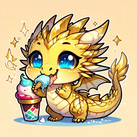 cheeb_drg, chibi, dragon, gold scales, gold underbelly, blue eyes, eating ice cream, happy, tongue