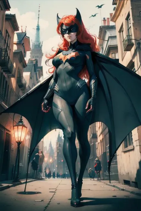 highly detailed masterpiece, Batwoman standing with wide legs, medium full shot, dutch angle,
