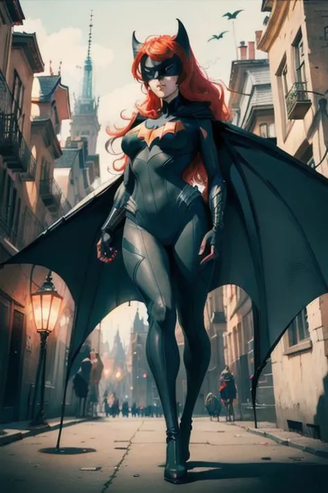 a woman in a black cat suit and red hair walking down a street