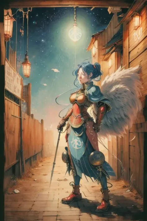 a woman with a sword and wings standing in a alley