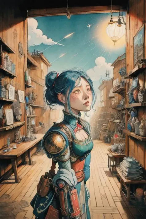 a painting of a woman in a store with a blue hair