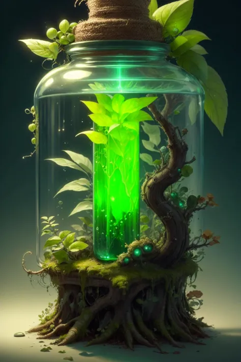 <lora:BiophyllTech:.8> BiophyllTech, scifi, bioluminescent, a green potion,  concept art, bottle ,