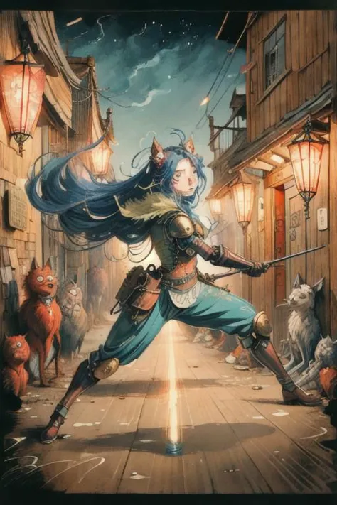 a woman in a blue outfit is holding a sword in a street