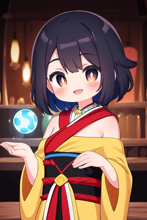 a woman in a kimono outfit holding a crystal ball