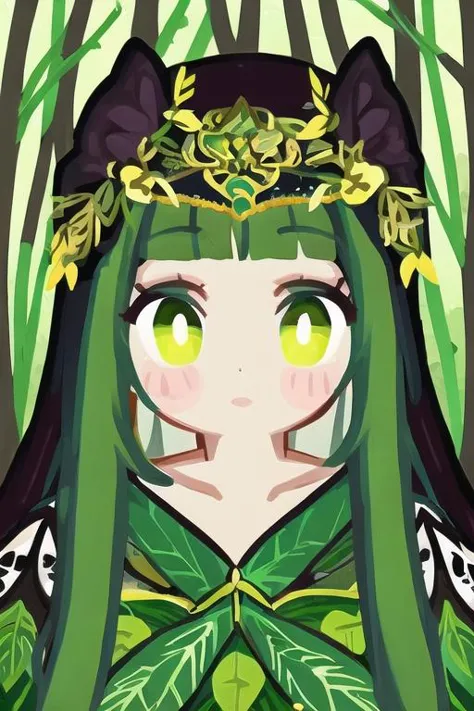 a close up of a cartoon character with green hair and green eyes