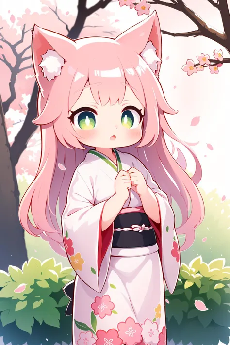 1girl, solo, standing, watercolor style, cherry blossom tree, cat ears, long flowing hair, serene expression, floral hairpin, pastel pink hair, green eyes, traditional kimono in shades of pink with floral patterns, blossoms falling around, peaceful atmosphere.