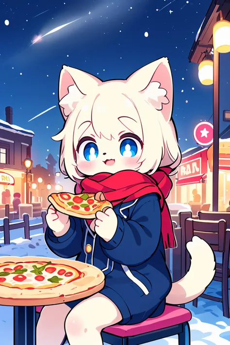 anime cat eating pizza in a restaurant at night