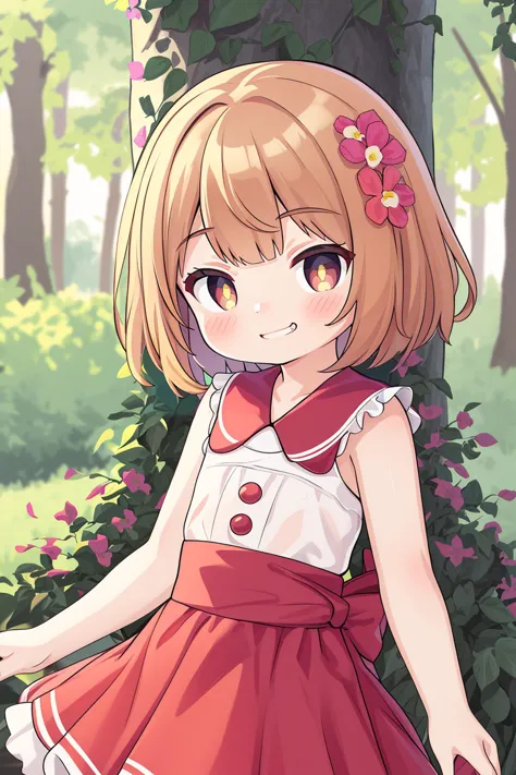 (high quality, best quality, highres, masterpiece:1.2), (1girl, woman, smirking:1.1), (data-driven florist, wearing cute outfit, flowers:1), (short_hair, hair_flaps:1), (frail body:1), (under scenic woods:1.1), <lora:MAMS:1>,