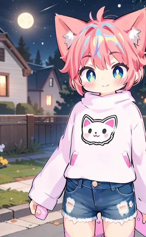 anime girl with pink hair and blue eyes wearing a pink shirt