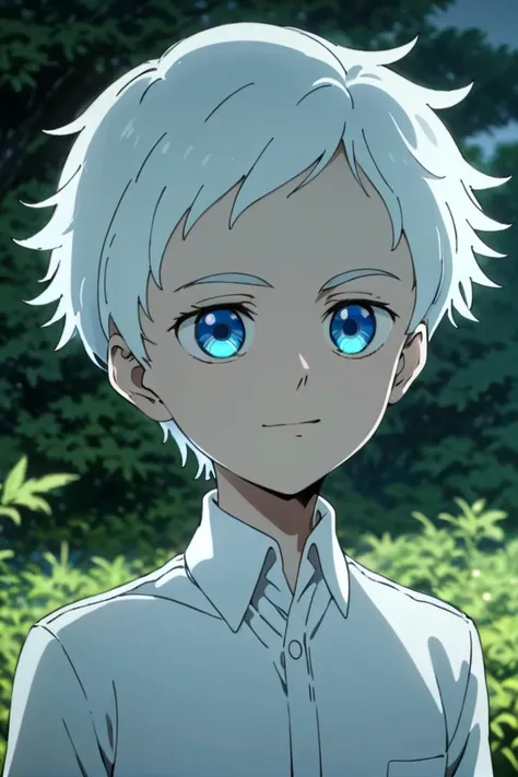 a young man with white hair and blue eyes stands in front of a forest