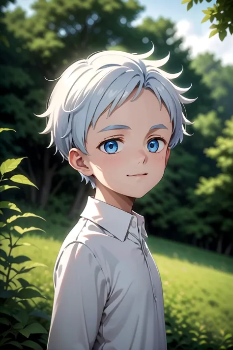 anime boy with blue eyes standing in a field of grass