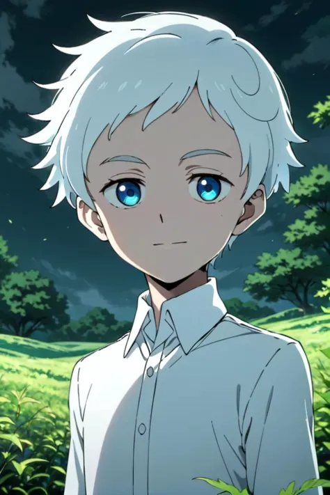 <lora:neverland_norman-000022:0.6>
one 12-year-old boy named neverland_norman, standing alone in outdoors next to green open plains, he has blue colored eyes, he has white hair and he is wearing a white collared shirt,
draw it in the style of The promised Neverland,
The soft lighting and detailed surroundings create an immersive environment where imagination runs wild hyper-detailed,
hyper-detailed face, high quality visuals, dim Lighting, sharply focused, octane render, 8k UHD