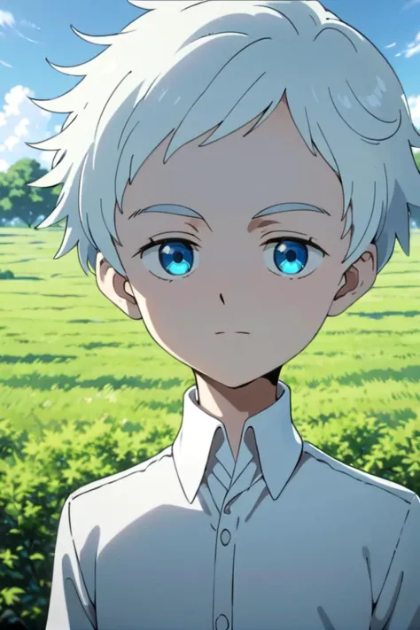 <lora:neverland_norman-000022:0.6>
one 12-year-old boy named neverland_norman, standing alone in outdoors next to green open plains, he has blue colored eyes, he has white hair and he is wearing a white collared shirt,
draw it in the style of The promised Neverland,
The soft lighting and detailed surroundings create an immersive environment where imagination runs wild hyper-detailed,
hyper-detailed face, high quality visuals, dim Lighting, sharply focused, octane render, 8k UHD