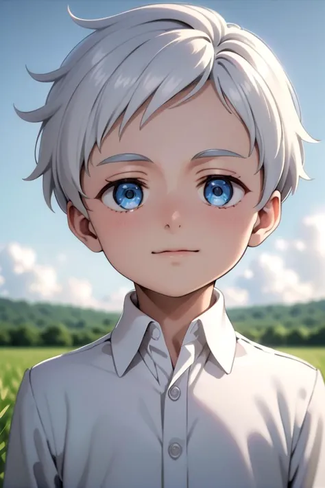 a close up of a person with blue eyes standing in a field