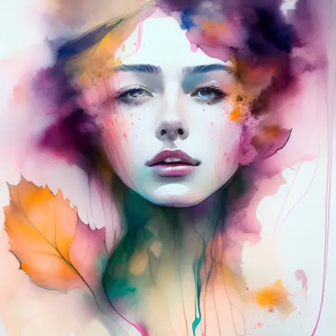 <lora:mj_style_1-000010:1>a woman by agnes cecile, luminous design, pastel colours, ink drips, autumn leaf