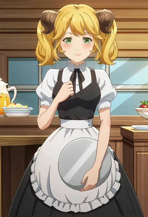 a woman in a maid outfit standing in a kitchen with a plate