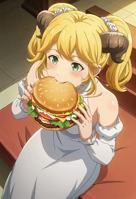 score_9, score_8_up, score_7_up, 1girl, solo, anime screencap, <lora:Aletta:0.8> aletta, horns, wedding dress, bridal veil, eating, burger,sitting, stairs, upper body,  from above