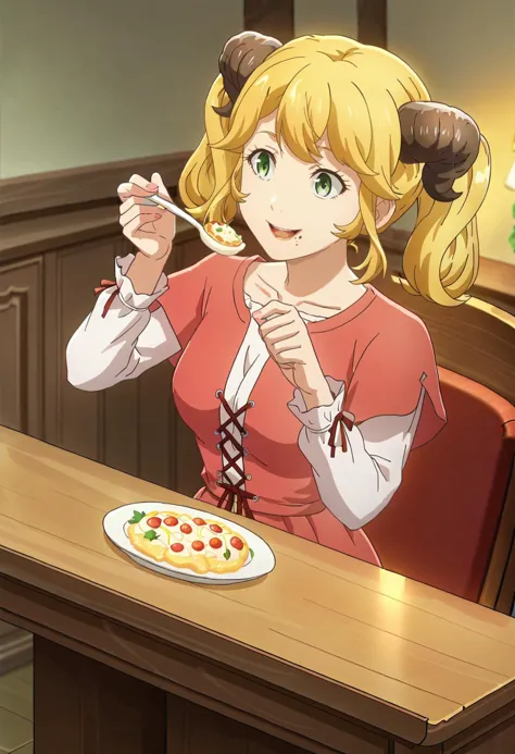 anime girl eating pizza at a table with a fork and knife