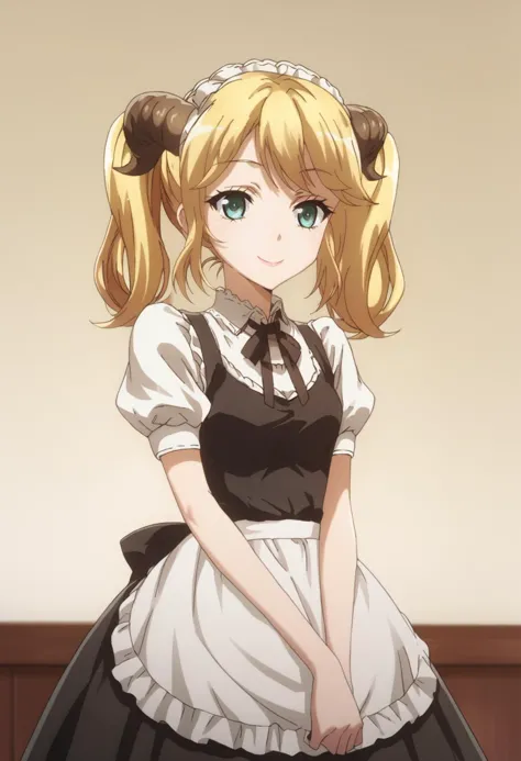 a girl in a maid outfit standing in front of a wall