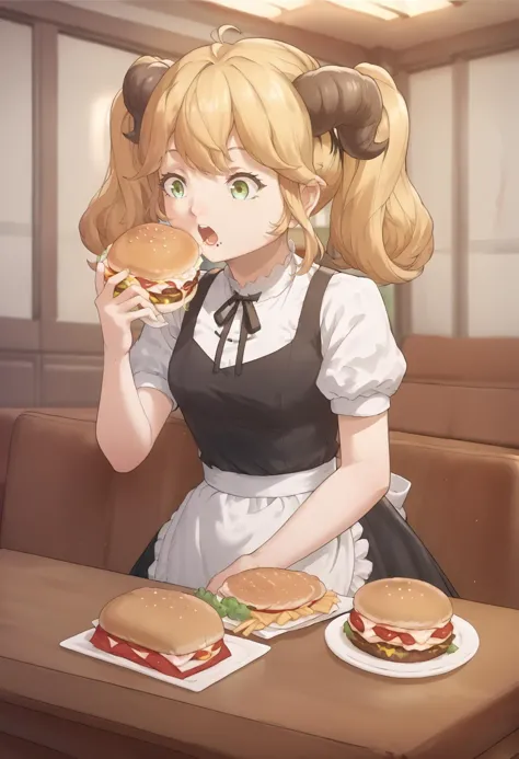 anime girl eating a hamburger and a sandwich in a restaurant