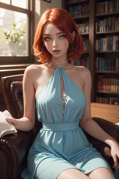 fantastic realism, bokeh, 1girl (30 years old), sitting in a library, reading, yellow eyes, light blue dress, straight red  hair...