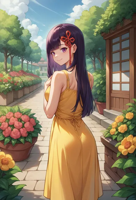 score_9, score_8_up, source_anime, 1girl, solo, YamashiroRen, long hair, blunt bangs, hair ornament, from behind, yellow sundress, garden, day, sunshine, smile, looking back, <lora:ChamYamashiroRenPonyXL:1>