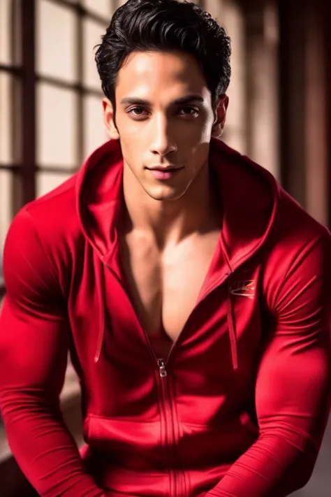 a close up of a man in a red hoodie posing for a picture