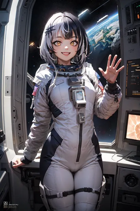 arafed woman in space suit posing in a space station