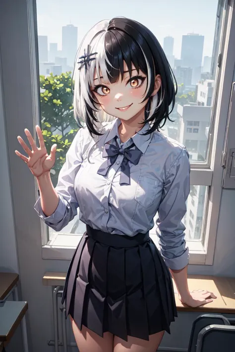 anime girl in a school uniform posing in front of a window