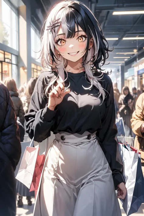 anime girl with black hair and white pants walking down a street