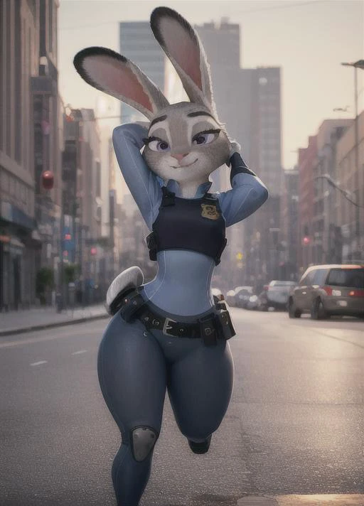 (mejor calidad, Obra maestra:1), peluda hembra anthro judyhopps, retrato, uniforme de policia, uniforme completo, cola de conejo, cinturón de policía, placa de policía, pantalones azules, sonrisa, ojos morados, pelaje del cuerpo, ojos medio cerrados, (Fondo urbano detallado de la ciudad:1.1), estilo pixar 3d, pose sexy,