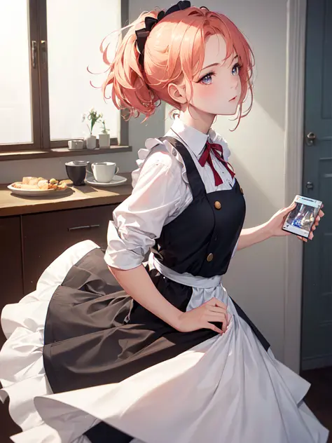 (best quality:1.4),ultra realistic 8k cg, picture-perfect face,ultra realistic 8k cg, picture-perfect face, flawless, clean, masterpiece, professional artwork, famous artwork, cinematic lighting, cinematic bloom,
(side view:1.3),  a closeup portrait of a playful maid, undercut hair, apron, amazing body, pronounced feminine feature, busty, kitchen, [ash blonde | ginger | pink hair], flirting with camera,