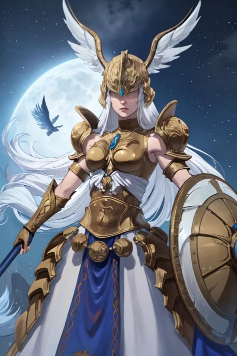 a woman in armor holding a sword and shield in front of a full moon