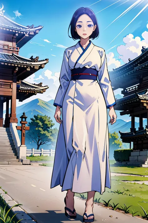 masterpiece, ultra-detailed, 1girl, full body, sfw, standing, real face, wearing hanbok, in front of temple