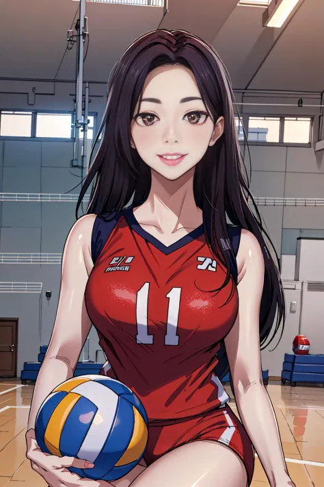 masterpiece, best quality, highres, depth of field, smiling, looking at viewer, 1girl, long hair, volleyball uniform, tall, indoor stadium, pureerosface_v1,  ulzzang-6500, holding a volleyball,