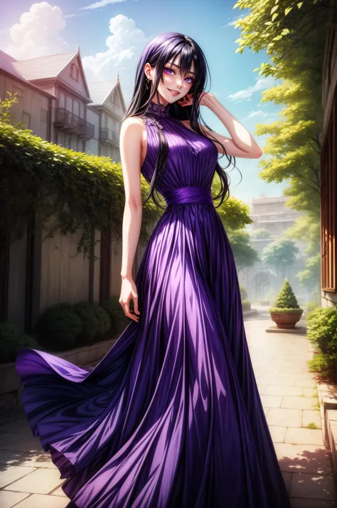 (masterpiece, best quality), female, black hair with a purple tinge, purple eyes, long hair, long dress, evil smile, <lora:ManhwaUltima:0.8>  manhwa-scenery,  
<lora:add_detail:1>