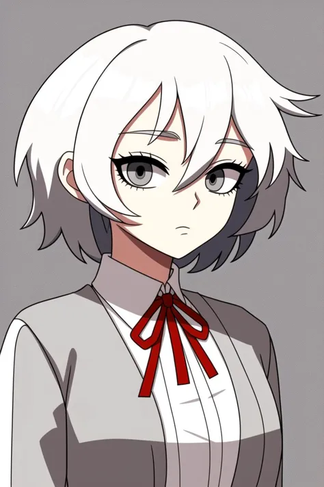 ((highly stylized)), 1girl, solo, white hair, shirt, red ribbon, ribbon, looking at viewer, short hair, upper body, white eyes, white shirt, grey eyes, hair between eyes, neck ribbon, collared shirt, cardigan, closed mouth, expressionless, jacket, simple background, frills, bangs, white background, long sleeves