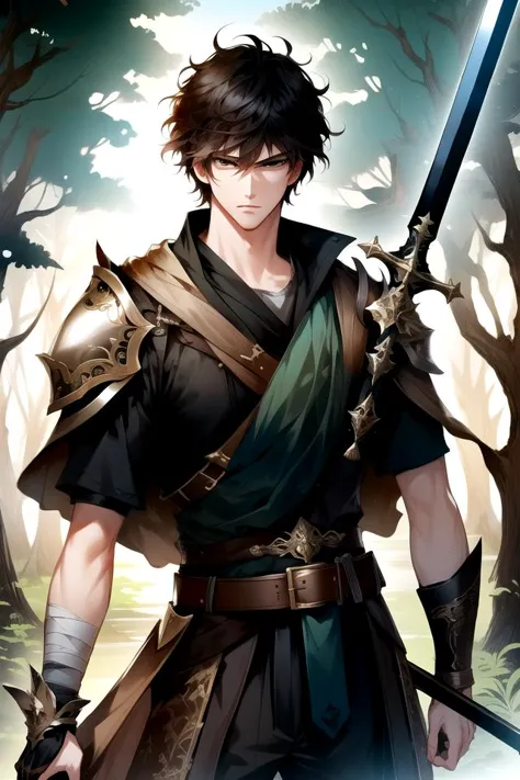 <lora:ManhwaMegaUltimate:1>, 
(fantasy, fantasy-style), 1boy, male focus, solo, black hair, short hair, black eyes, closed mouth, standing,  bangs, looking at viewer, angry, 
weapon, sword, holding sword, bandaged arm, torn clothes, 
belt, cape, short hair, ((cloak, armor)), short sleeves, dirty clothes, brown belt, bandages, shirt, pants, 
(cowboy shot), 
tree, outdoors, nature, forest, day, sunlight, plant, scenery, bush, leaf, 
 (((masterpiece))), (highest quality), best quality, highres, (intricate details), 8K, ((perfect face)), (Mature Face:1.4), (beautiful face:1.15), detailed eyes, messy hair